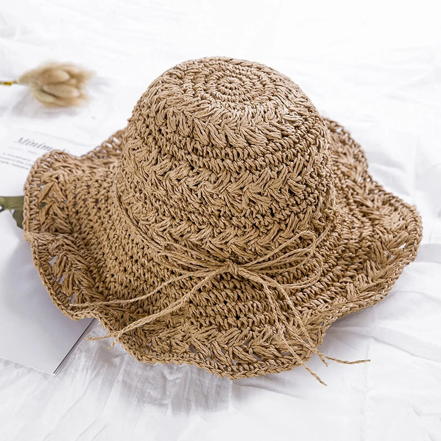 Canvas Hiking Hat Sun Straw Hats for Women Foldable Floppy Beach Summer Hat Oversized Weave Wide Brim Bowknot