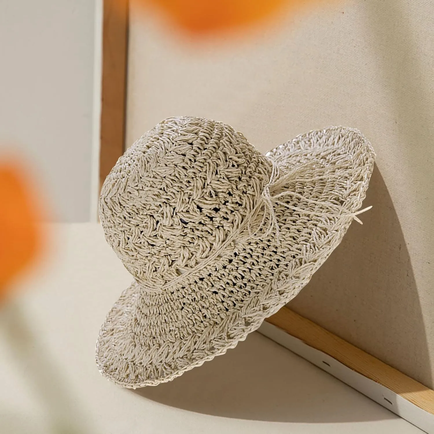 Canvas Hiking Hat Sun Straw Hats for Women Foldable Floppy Beach Summer Hat Oversized Weave Wide Brim Bowknot