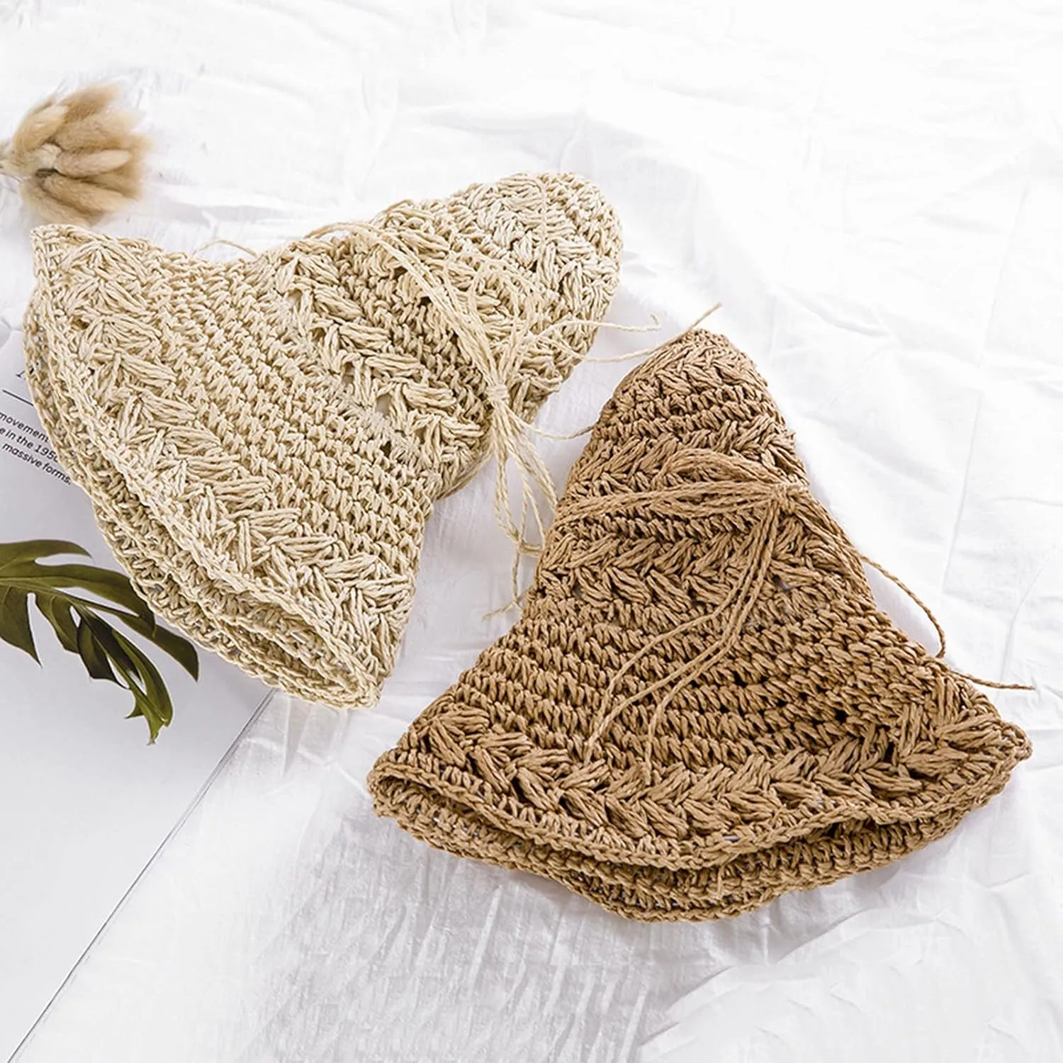 Canvas Hiking Hat Sun Straw Hats for Women Foldable Floppy Beach Summer Hat Oversized Weave Wide Brim Bowknot