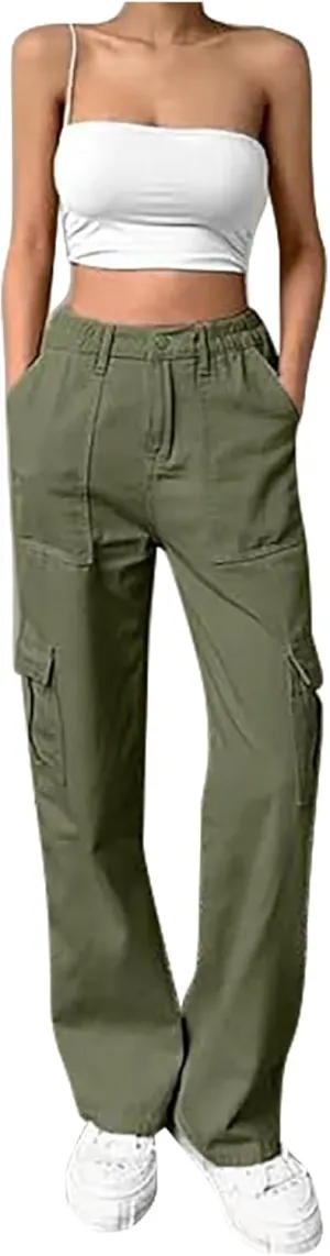 Cargo Pants Women Trendy Casual Pants with Pockets Womens Plain Straight Leg Trousers High Waist Pants