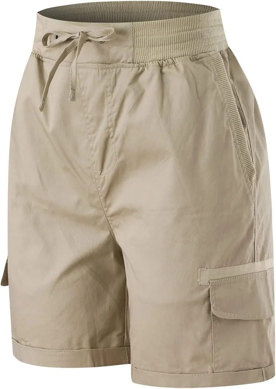 Cargo Shorts for Women Casual Summer High Waisted Chino Shorts Ribbed Elastic Waist Utility Pockets Comfy Shorts 2024 Trendy