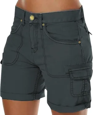 Cargo Shorts for Women Casual Summer High Waisted Chino Shorts Ribbed Elastic Waist Utility Pockets Comfy Shorts 2024 Trendy