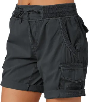 Cargo Shorts for Women Casual Summer High Waisted Chino Shorts Ribbed Elastic Waist Utility Pockets Comfy Shorts 2024 Trendy