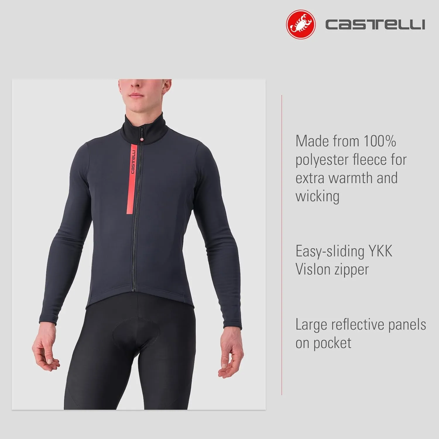CASTELLI Men's Entrata Thermal Jersey, Long Sleeve Zip Up Fleece Insulated Base Layer for Winter Road Cycling I Gravel Biking