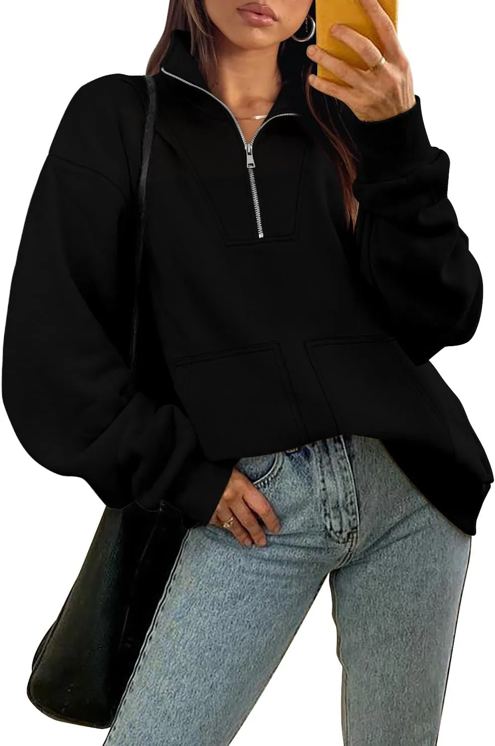 CHICZONE Womens Quarter Zip Oversized Pullover Long Sleeve Zip Up Sweatshirts Trendy Fall Y2K Clothes with Pockets