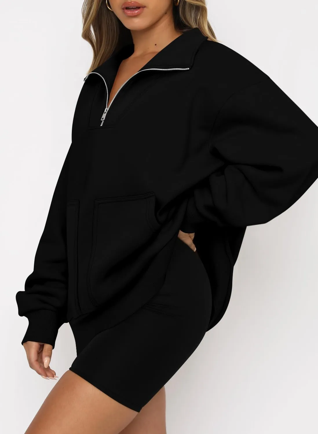 CHICZONE Womens Quarter Zip Oversized Pullover Long Sleeve Zip Up Sweatshirts Trendy Fall Y2K Clothes with Pockets