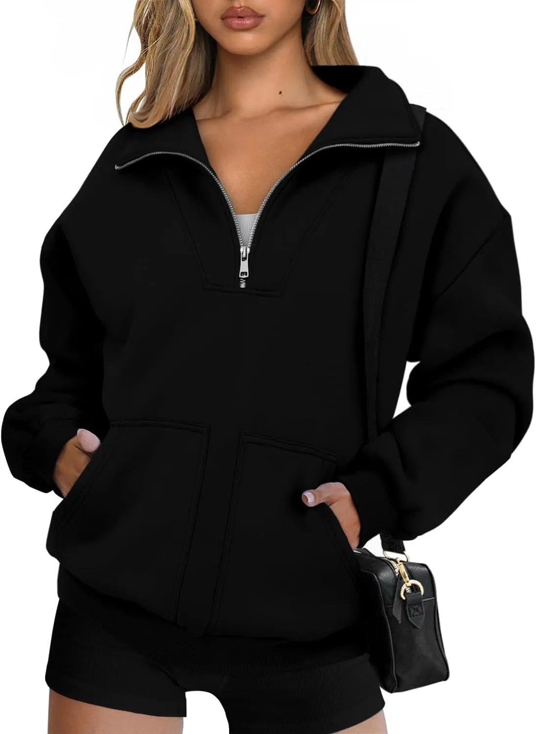 CHICZONE Womens Quarter Zip Oversized Pullover Long Sleeve Zip Up Sweatshirts Trendy Fall Y2K Clothes with Pockets