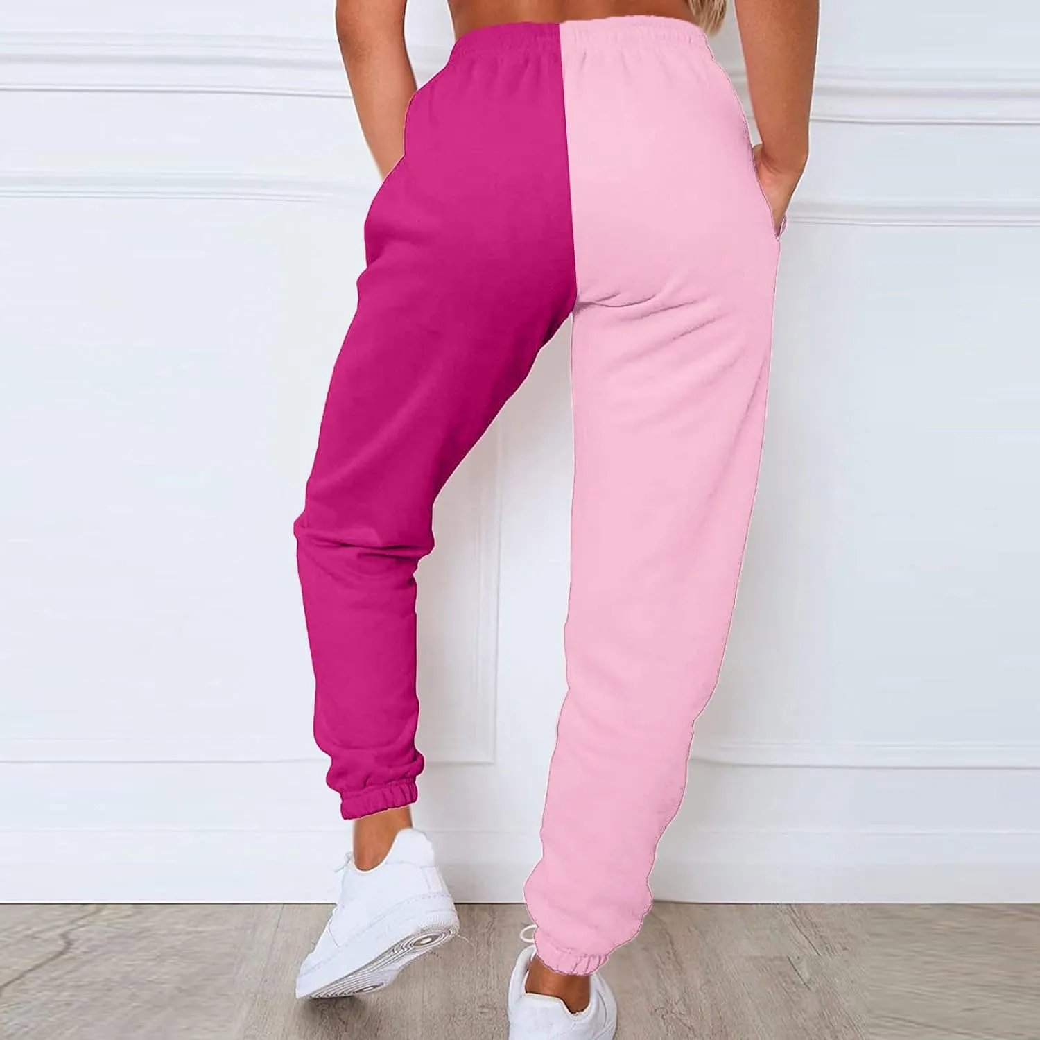 Color Block Jogger Pants for Women Elastic High Waist Sweatpants Baggy Comfy Lounge Pants Joggings with Pockets