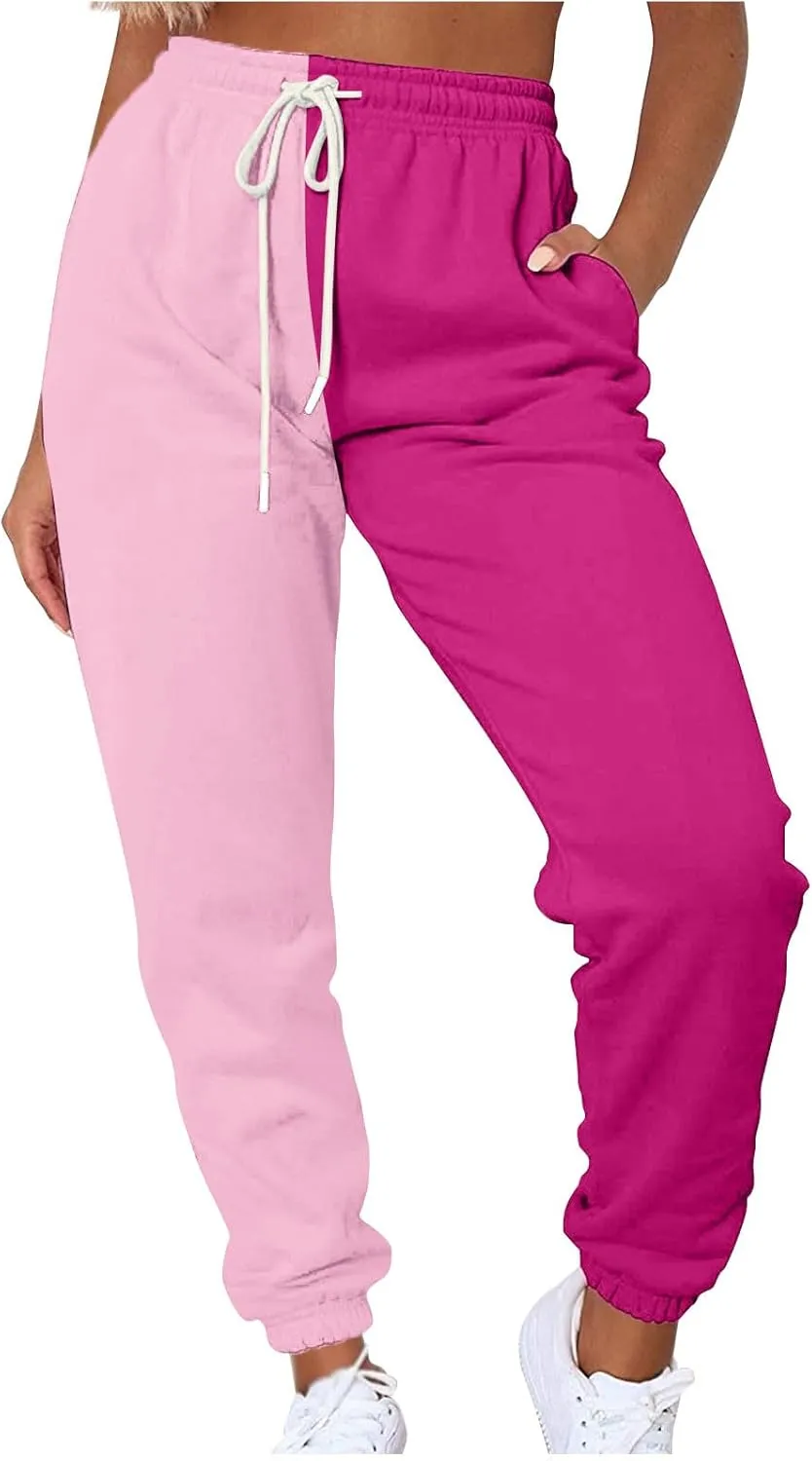 Color Block Jogger Pants for Women Elastic High Waist Sweatpants Baggy Comfy Lounge Pants Joggings with Pockets