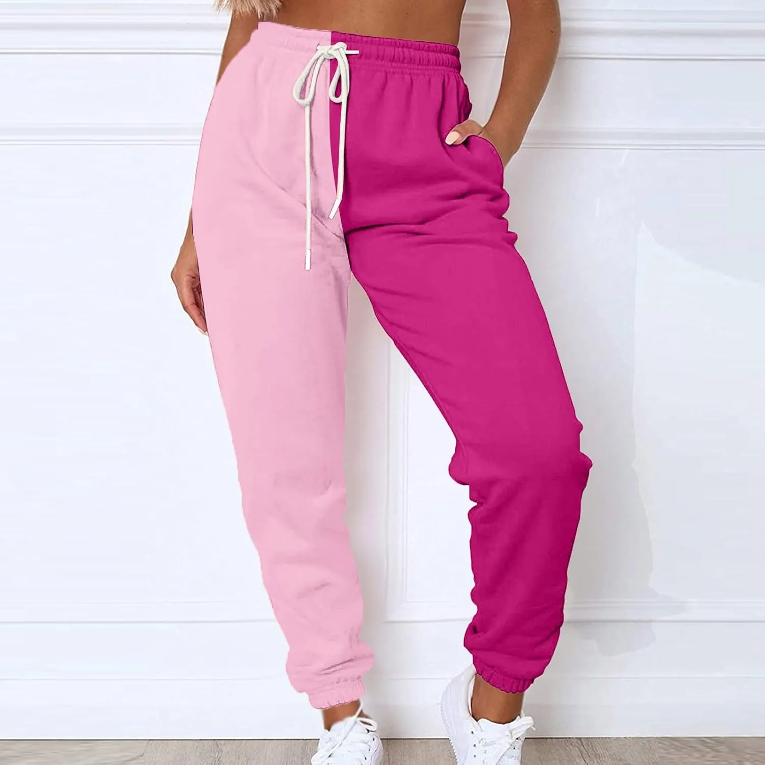 Color Block Jogger Pants for Women Elastic High Waist Sweatpants Baggy Comfy Lounge Pants Joggings with Pockets