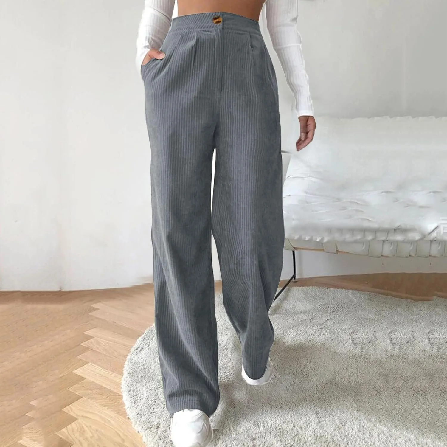 Corduroy Pants Women Straight Leg High Waist Wide Leg Pants Tall Loose Fit Trousers Casual Long Pants