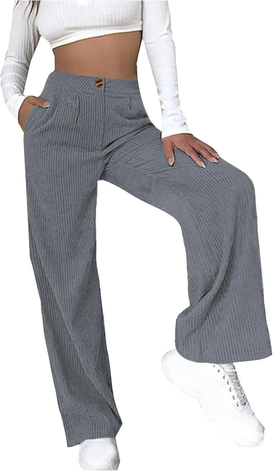 Corduroy Pants Women Straight Leg High Waist Wide Leg Pants Tall Loose Fit Trousers Casual Long Pants