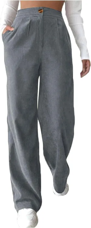 Corduroy Pants Women Straight Leg High Waist Wide Leg Pants Tall Loose Fit Trousers Casual Long Pants