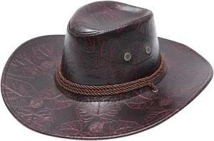 Cowboy Hat Men and Women Western Faux Leather Belt Breathable Holes Pinch Front Retro Patterned Wide Brim Glant Hat