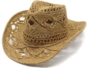 Cowboy Hats for Women Wide Brim Straw Sun Hats Western Retro Solid Bucket Hats Summer Hollow Breathable Travel Hats