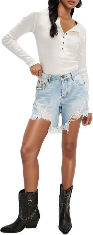 DINGANG Women's Fringe Ripped Jean Shorts High Waisted Asymmetrical Raw Hem Stretchy Denim Shorts