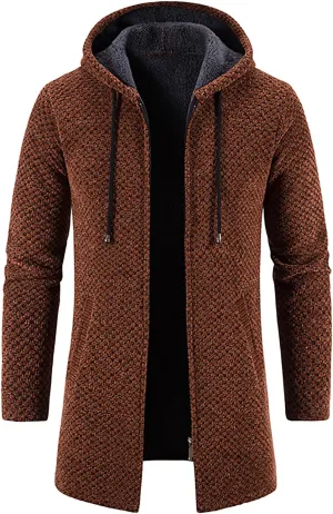 DuDubaby Men's Hooded Plush Plaid Knitting Drawstring Coat Sweater Warm Solid Color Jackets Tops