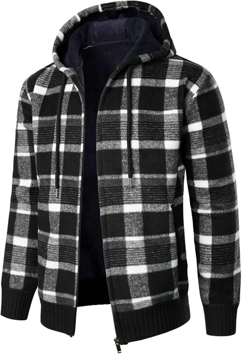 DuDubaby Men's Hooded Plush Plaid Knitting Drawstring Coat Sweater Warm Solid Color Jackets Tops