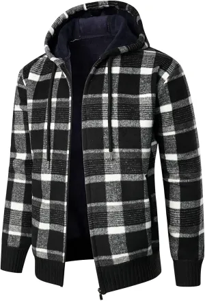 DuDubaby Men's Hooded Plush Plaid Knitting Drawstring Coat Sweater Warm Solid Color Jackets Tops