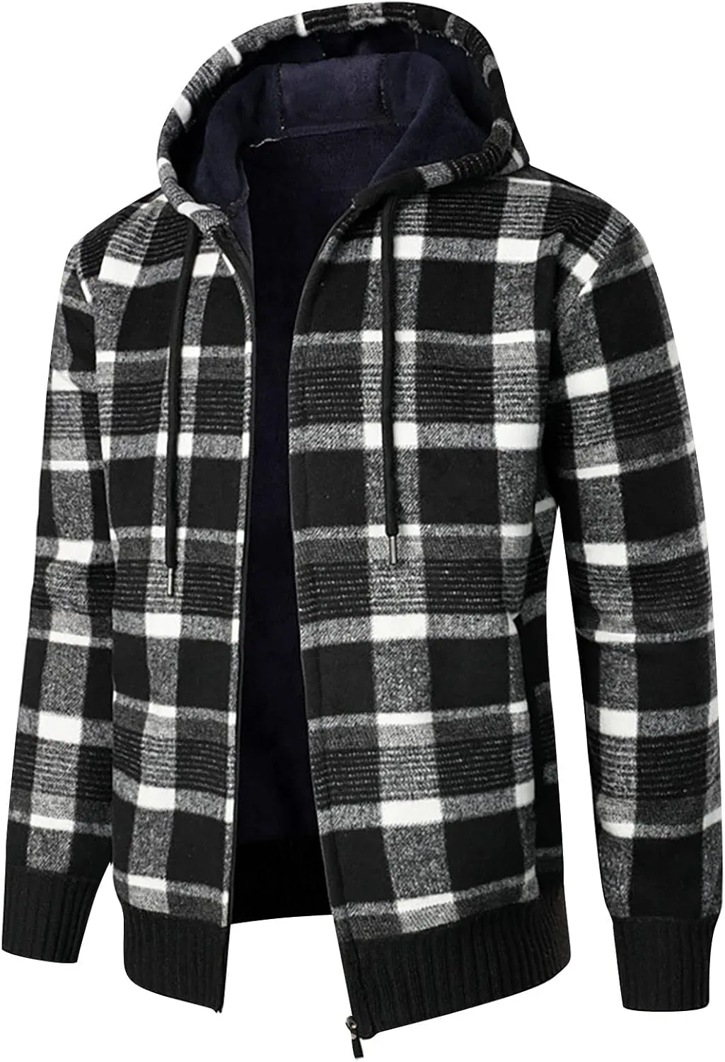 DuDubaby Men's Hooded Plush Plaid Knitting Drawstring Coat Sweater Warm Solid Color Jackets Tops