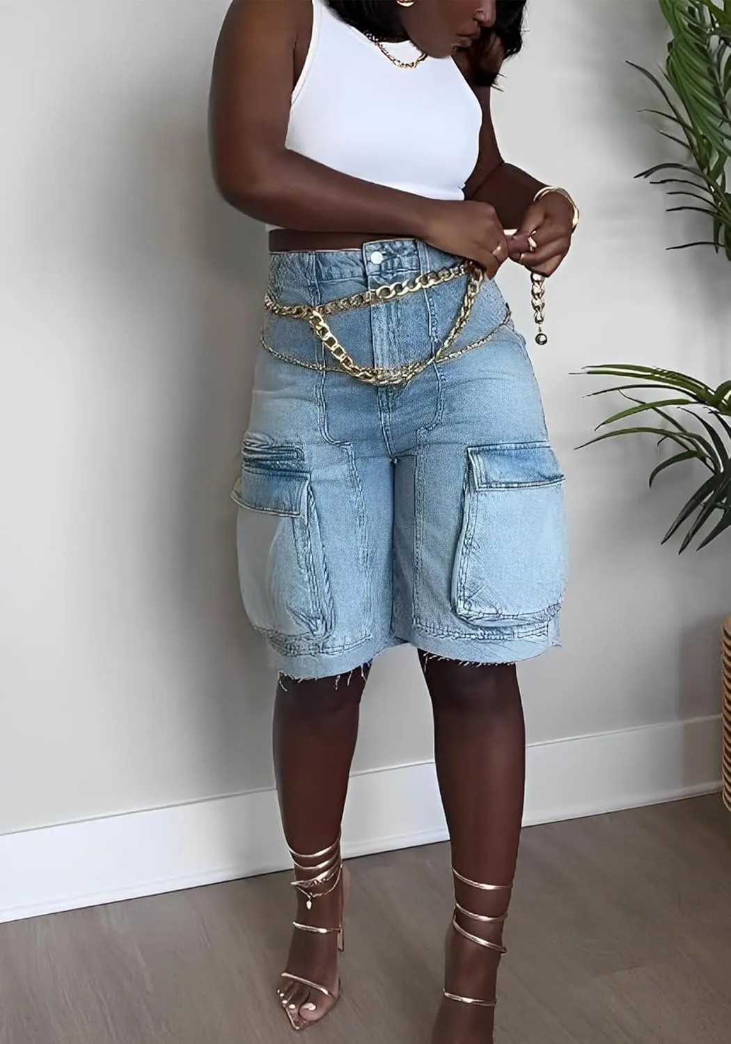 Ecirod Cargo Bermuda High Waisted Denim Shorts Women Distressed Raw Hem Long Jean Shorts with Pockets