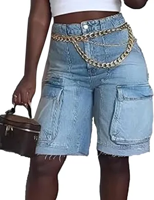 Ecirod Cargo Bermuda High Waisted Denim Shorts Women Distressed Raw Hem Long Jean Shorts with Pockets
