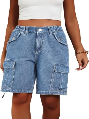 Ecirod Cargo Bermuda High Waisted Denim Shorts Women Distressed Raw Hem Long Jean Shorts with Pockets