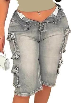 Ecirod Cargo Bermuda High Waisted Denim Shorts Women Distressed Raw Hem Long Jean Shorts with Pockets