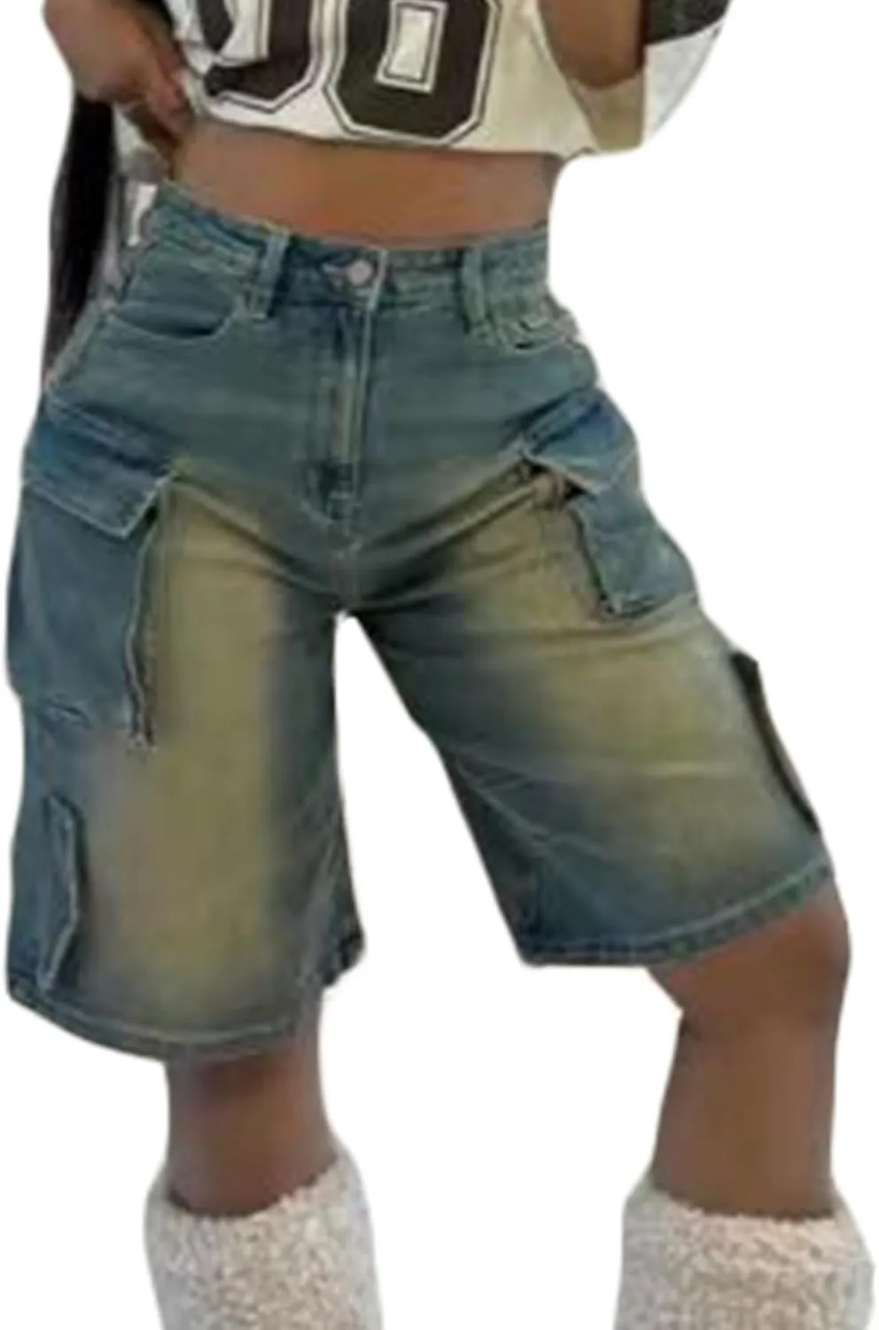 Ecirod Cargo Bermuda High Waisted Denim Shorts Women Distressed Raw Hem Long Jean Shorts with Pockets