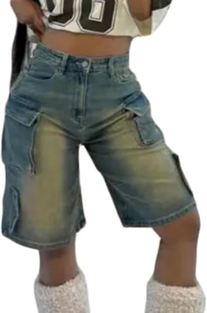 Ecirod Cargo Bermuda High Waisted Denim Shorts Women Distressed Raw Hem Long Jean Shorts with Pockets