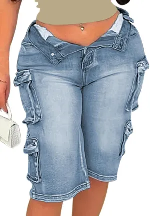 Ecirod Cargo Bermuda High Waisted Denim Shorts Women Distressed Raw Hem Long Jean Shorts with Pockets