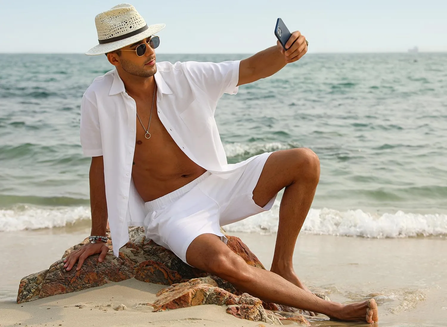 EISHOPEER Men Linen Sets Outfits Casual Short Sleeve Button Down Shirts Cotton Linen Beach Shorts Set