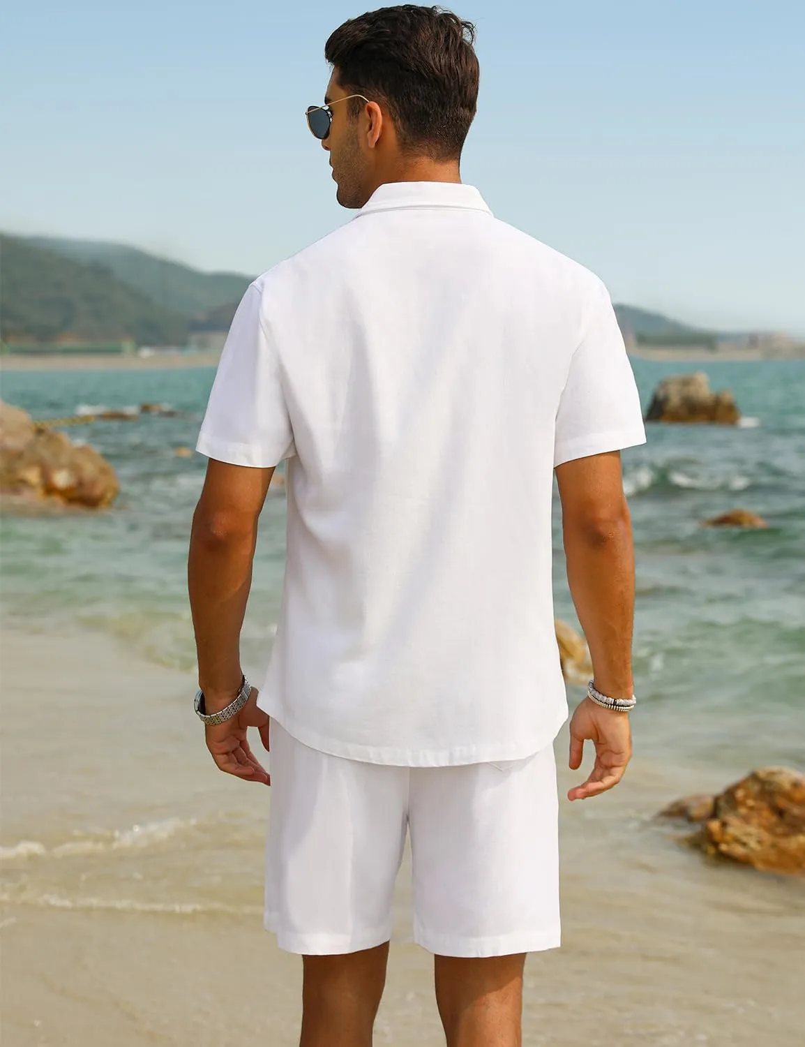 EISHOPEER Men Linen Sets Outfits Casual Short Sleeve Button Down Shirts Cotton Linen Beach Shorts Set
