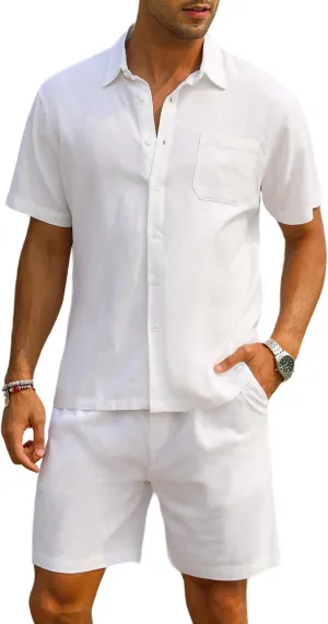 EISHOPEER Men Linen Sets Outfits Casual Short Sleeve Button Down Shirts Cotton Linen Beach Shorts Set