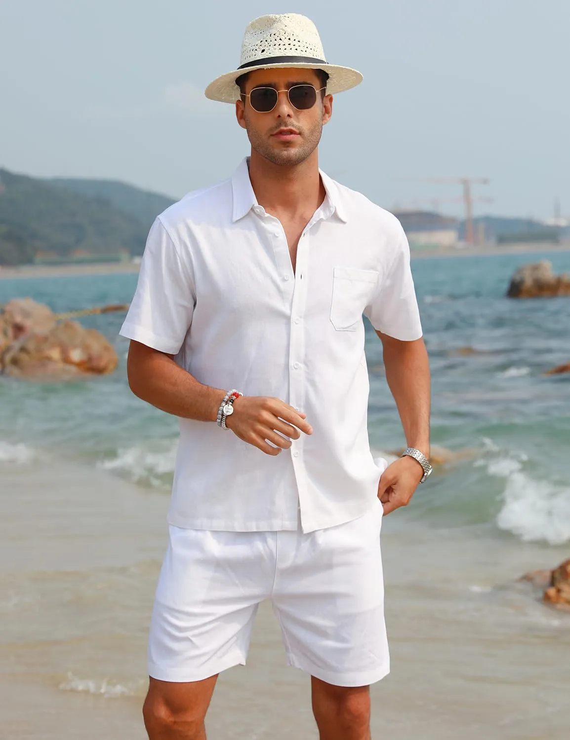 EISHOPEER Men Linen Sets Outfits Casual Short Sleeve Button Down Shirts Cotton Linen Beach Shorts Set