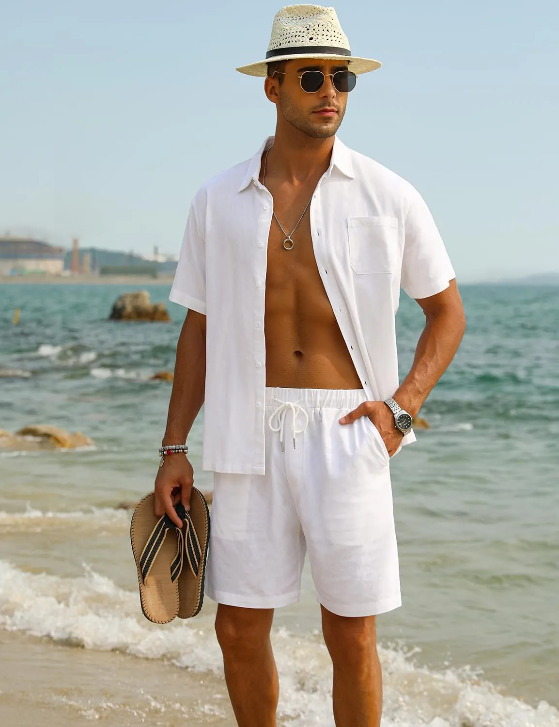 EISHOPEER Men Linen Sets Outfits Casual Short Sleeve Button Down Shirts Cotton Linen Beach Shorts Set