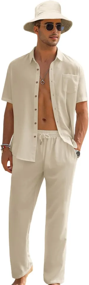 EISHOPEER Men's Linen Sets 3 Pieces Casual Button Down Cotton Linen Shirt and Long Pants Set Beach Outfits with Hats S-3XL