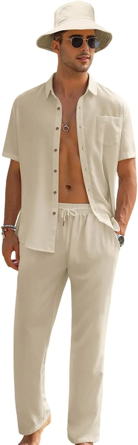 EISHOPEER Men's Linen Sets 3 Pieces Casual Button Down Cotton Linen Shirt and Long Pants Set Beach Outfits with Hats S-3XL