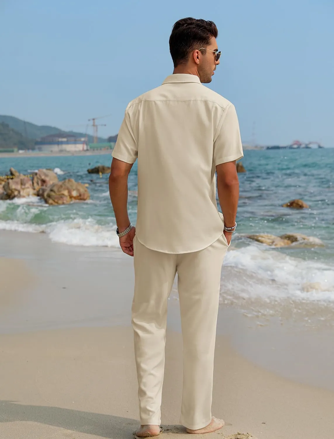 EISHOPEER Men's Linen Sets 3 Pieces Casual Button Down Cotton Linen Shirt and Long Pants Set Beach Outfits with Hats S-3XL