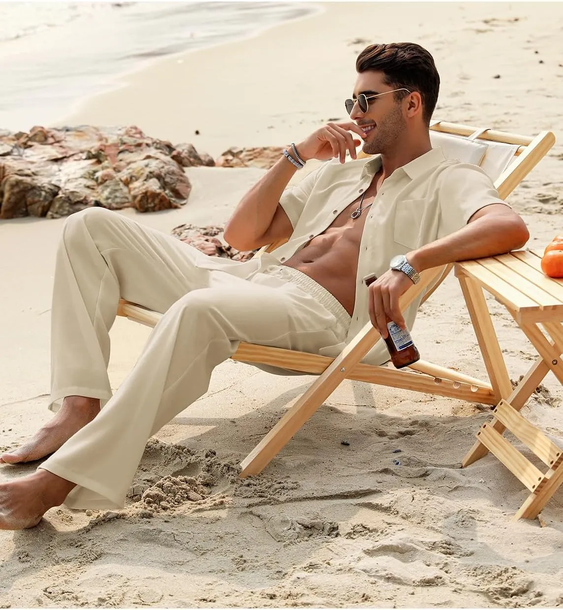 EISHOPEER Men's Linen Sets 3 Pieces Casual Button Down Cotton Linen Shirt and Long Pants Set Beach Outfits with Hats S-3XL