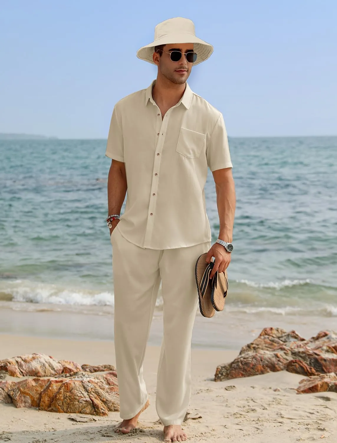 EISHOPEER Men's Linen Sets 3 Pieces Casual Button Down Cotton Linen Shirt and Long Pants Set Beach Outfits with Hats S-3XL