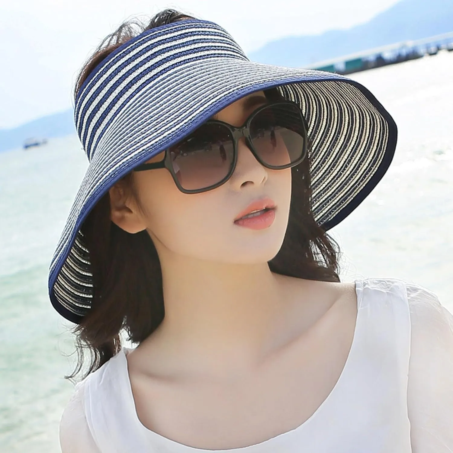 Empty Top Ponytail Wide Brim Floppy Beach Caps Women Packable Visor Straw Hats UV Travel Cap Portable Outdoor Sunshade Hat