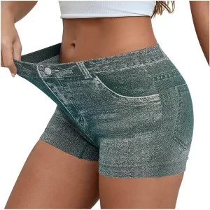 Faux Jeans Shorts for Women Summer Mid Rise Stretchy Denim Shorts Butt Lifting Slimming Ripped Shorts for Curvy Women