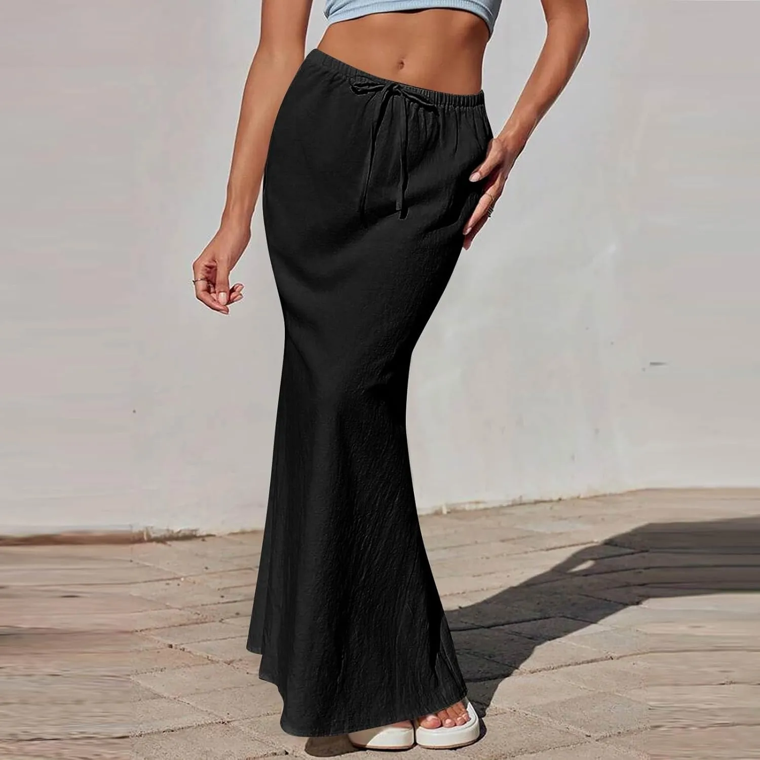 Flowy Maxi Skirts for Women Linen Long Skirt Summer Drawstring High Waisted A Line Skirt Back Slit Elegant Skirts