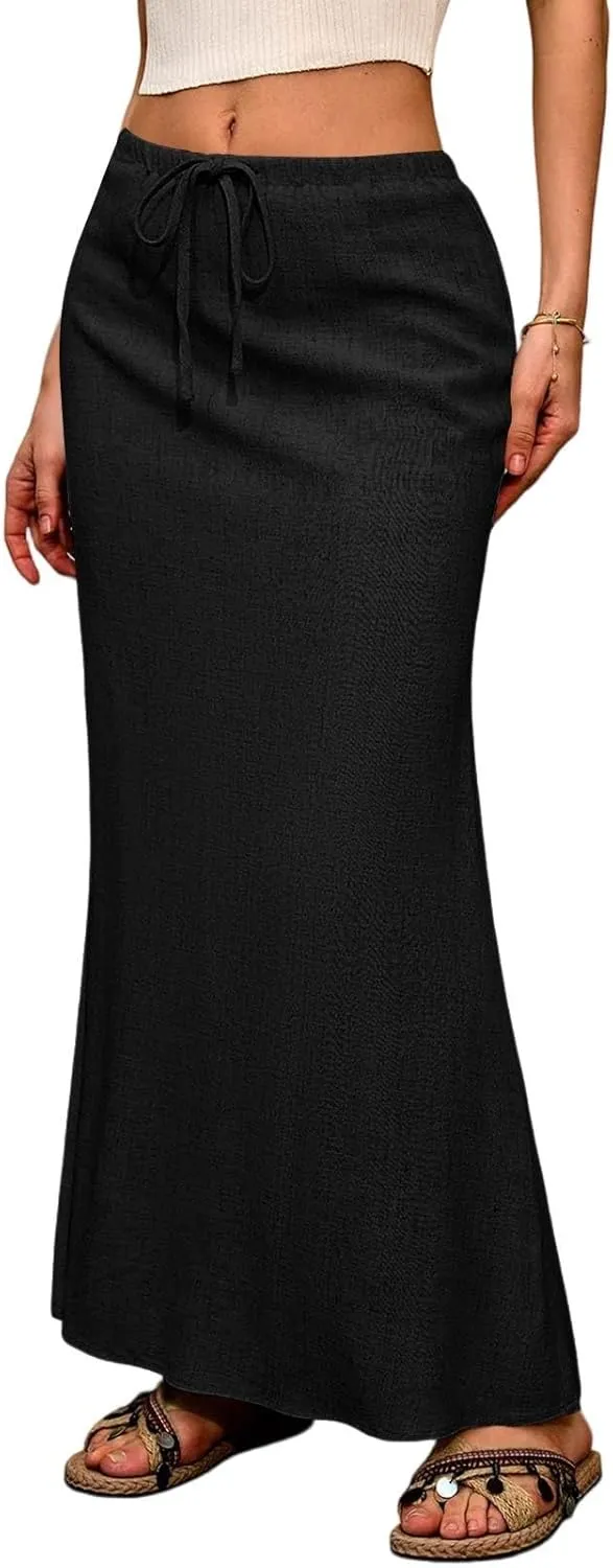 Flowy Maxi Skirts for Women Linen Long Skirt Summer Drawstring High Waisted A Line Skirt Back Slit Elegant Skirts