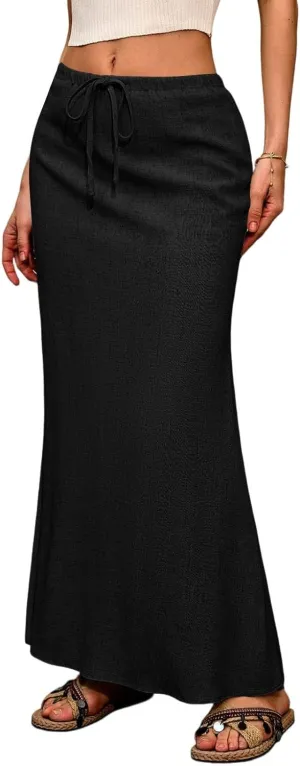 Flowy Maxi Skirts for Women Linen Long Skirt Summer Drawstring High Waisted A Line Skirt Back Slit Elegant Skirts