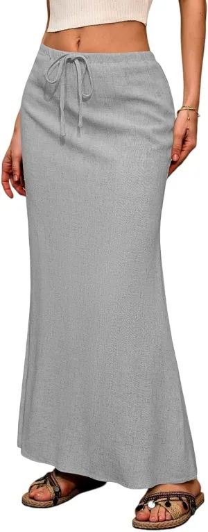 Flowy Maxi Skirts for Women Linen Long Skirt Summer Drawstring High Waisted A Line Skirt Back Slit Elegant Skirts