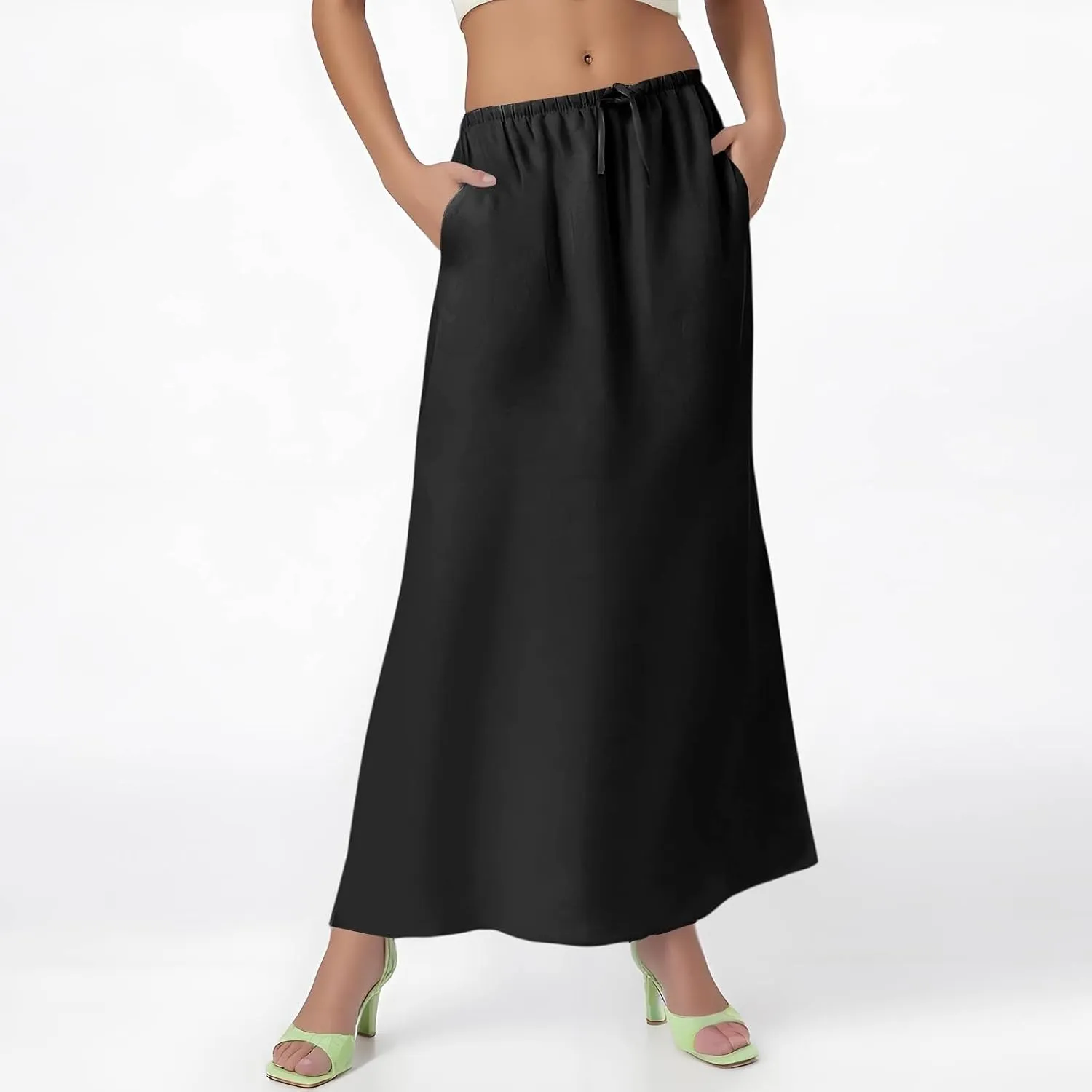 Flowy Maxi Skirts for Women Linen Long Skirt Summer Drawstring High Waisted A Line Skirt Back Slit Elegant Skirts