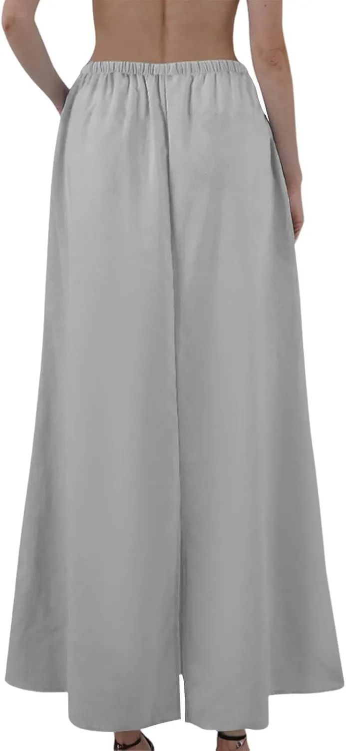 Flowy Maxi Skirts for Women Linen Long Skirt Summer Drawstring High Waisted A Line Skirt Back Slit Elegant Skirts