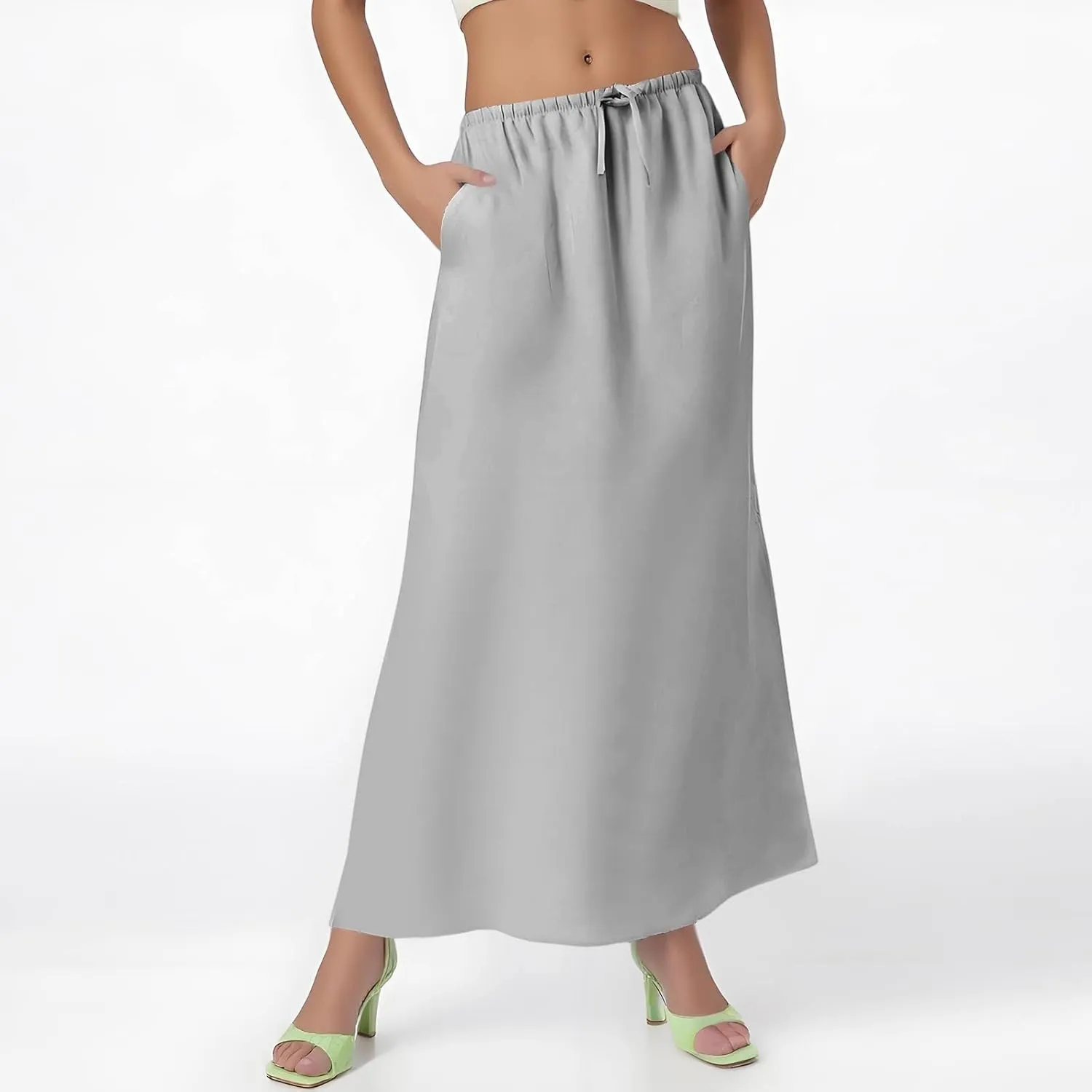 Flowy Maxi Skirts for Women Linen Long Skirt Summer Drawstring High Waisted A Line Skirt Back Slit Elegant Skirts